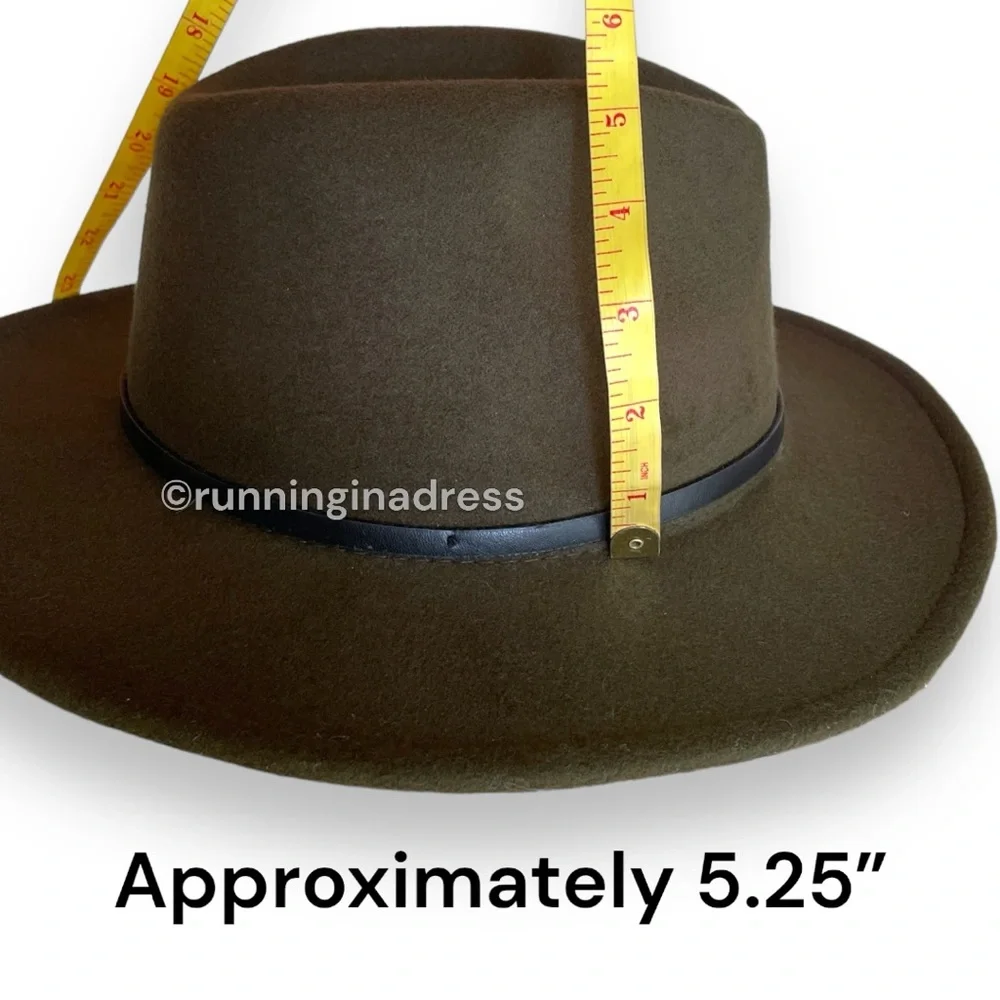 Olive Green Felt Fedora Hat Western Boho Size One Size